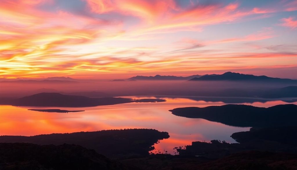 A breathtaking landscape at the cusp of dawn and dusk, where the sky is set ablaze with a kaleidoscope of warm hues. In the foreground, a serene lake reflects the shifting tones, creating a mesmerizing mirror effect. On the horizon, majestic mountains rise, their silhouettes silhouetted against the vibrant sky. Soft, diffused lighting bathes the scene, evoking a sense of tranquility and wonder. The composition is balanced, with the interplay of land, water, and sky creating a harmonious and visually compelling image. This scene encapsulates the beauty and ephemeral nature of the transition between day and night, perfectly suited to illustrate the "Practical Forecast for Today: Sunrise, Sunset, and Zodiac Guidance" section.