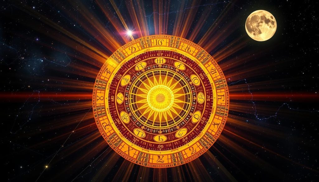 A breathtaking solar return chart, rendered in rich, vibrant colors. The focal point is a large, ornate astrological wheel, its intricate symbols and celestial bodies depicted in exquisite detail. Radiant rays of light emanate from the center, creating a mesmerizing, mystical atmosphere. The background features a starry night sky, with glittering constellations and a shimmering full moon casting a warm, ethereal glow. The overall composition conveys a sense of cosmic harmony and the profound connection between the individual and the celestial forces that shape their destiny.
