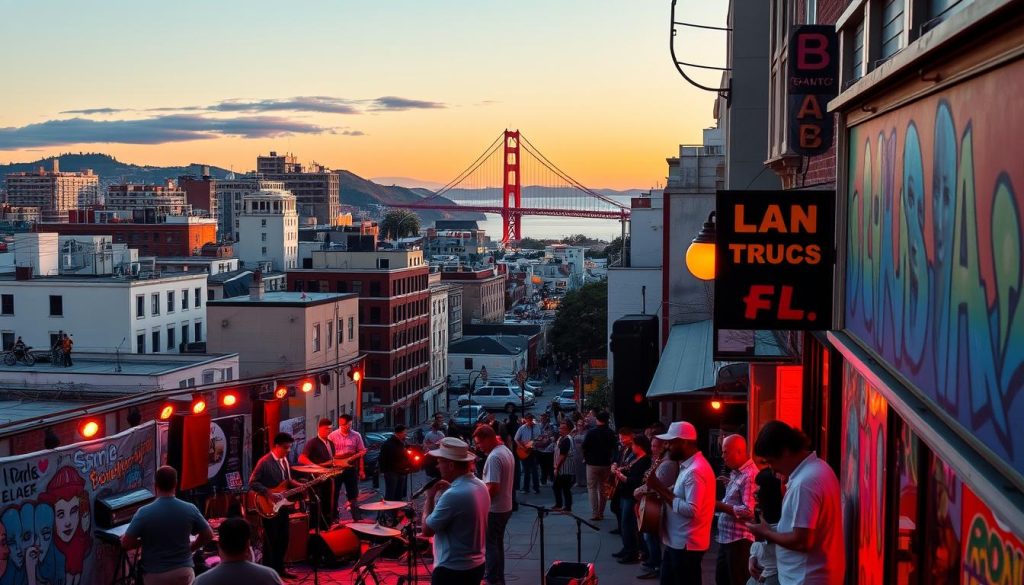 A bustling cityscape of San Francisco, with the iconic Golden Gate Bridge spanning the bay in the background. In the foreground, a lively street scene showcases local artists performing on stage, musicians playing soulful tunes, and vibrant murals adorning the walls. The warm, golden hour lighting casts a romantic glow over the vibrant scene, capturing the artistic energy and cultural vibrancy of this renowned artistic hub. The image is captured from a mid-level vantage point, allowing the viewer to immerse themselves in the dynamic atmosphere of San Francisco's thriving arts and music community.