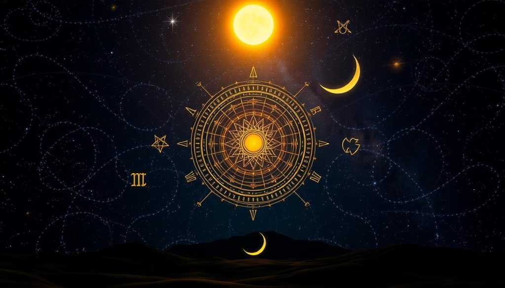 A captivating cosmic landscape against a deep, starry night sky. In the foreground, a celestial orb representing the sun, casting a warm, golden glow. Surrounding it, intricate astrological symbols and zodiac signs float in a harmonious dance, each representing the enigmatic forces that shape our days. In the middle ground, a crescent moon casts a soft, ethereal light, while the silhouettes of planetary bodies linger on the horizon. The background is a tapestry of swirling galaxies and nebulae, hinting at the vast mysteries of the universe. The overall mood is one of wonder, mysticism, and the interconnectedness of all things celestial.