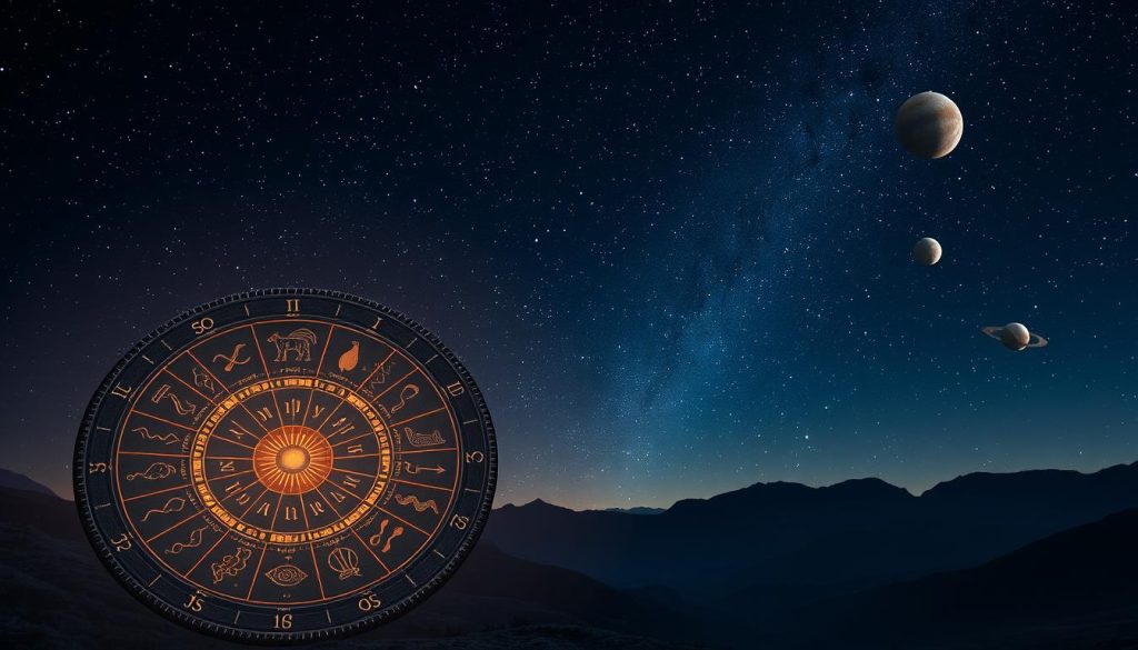 A celestial landscape with an astrological theme. In the foreground, a detailed horoscope wheel with the twelve zodiac signs prominently displayed. The wheel is illuminated by a soft, ethereal light, casting a warm glow. In the middle ground, a night sky filled with twinkling stars and planetary bodies, depicted with realistic scientific accuracy. The background features mountains or rolling hills, creating a sense of depth and grounding the scene. The overall mood is contemplative and mystical, inviting the viewer to ponder the mysteries of the universe and one's place within it.