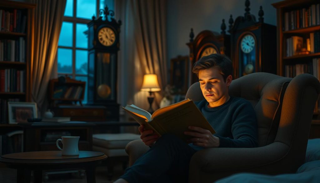 A cozy bedroom at dusk, soft ambient lighting illuminating a plush armchair where a person sits engrossed in a book, a cup of tea steaming on the side table. The reader's face is serene, expression one of deep contemplation as they turn the pages, immersed in the words. Bookshelves line the walls, creating a warm, intellectual atmosphere. An ornate grandfather clock ticks softly in the background, suggesting the passage of time. The scene evokes a sense of timeless tranquility, a moment of pause and personal reflection amidst the bustle of daily life.