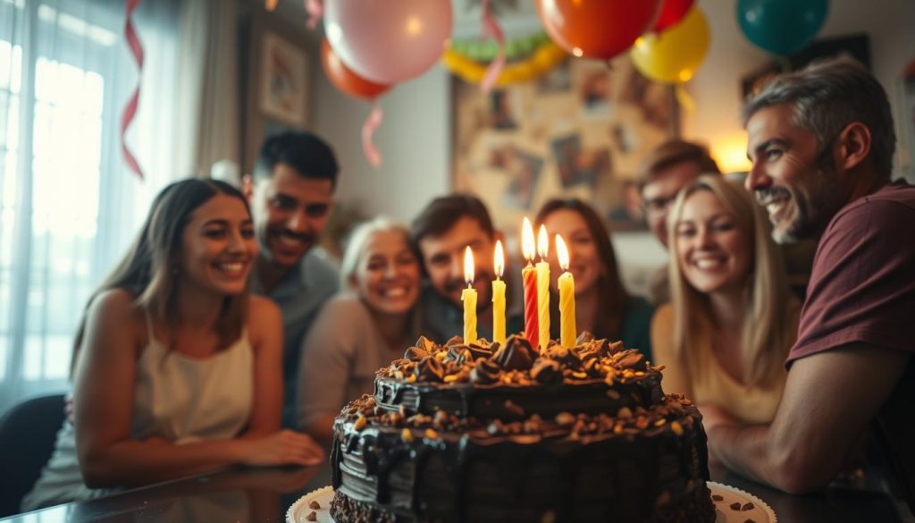 A cozy birthday celebration, the room aglow with the warm light of candles flickering atop a decadent chocolate cake. Streamers and balloons in vibrant hues add a festive touch, while a group of smiling friends and family surround the birthday person, captured in a candid moment of laughter and joy. The scene is bathed in soft, diffused lighting, creating a intimate, inviting atmosphere. The camera angle is slightly elevated, offering a panoramic view of the celebration, highlighting the connection and togetherness of the gathering. The overall mood is one of celebration, intimacy and timeless tradition.