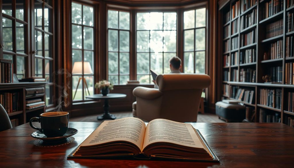 A cozy study with a large bay window overlooking a tranquil garden. Soft, warm lighting bathes the room in a gentle glow. In the foreground, a leather-bound book lies open on a polished oak table, its pages inviting the reader to delve into its contents. Beside it, a cup of steaming tea emits wisps of fragrant steam. In the middle ground, a plush armchair faces the window, its occupant lost in the world of the book, their face illuminated by the natural light. Bookshelves line the walls, filled with volumes of knowledge and stories, creating a sense of intellectual refuge. The atmosphere is one of quiet contemplation, where the act of reading becomes a sacred ritual, transporting the mind to realms beyond the physical.