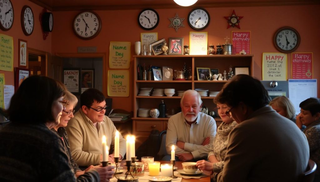A cozy, warm-lit interior scene of a community gathering hall, the walls adorned with colorful calendars, clocks, and handwritten name-day posters. In the foreground, a small group of people engaged in lively conversation, their faces illuminated by the soft glow of candles on a central table. Shelves in the background display an assortment of ornaments, trinkets, and ceremonial items, hinting at the observances and traditions celebrated within this space. The atmosphere is one of togetherness, tradition, and a sense of shared community life.