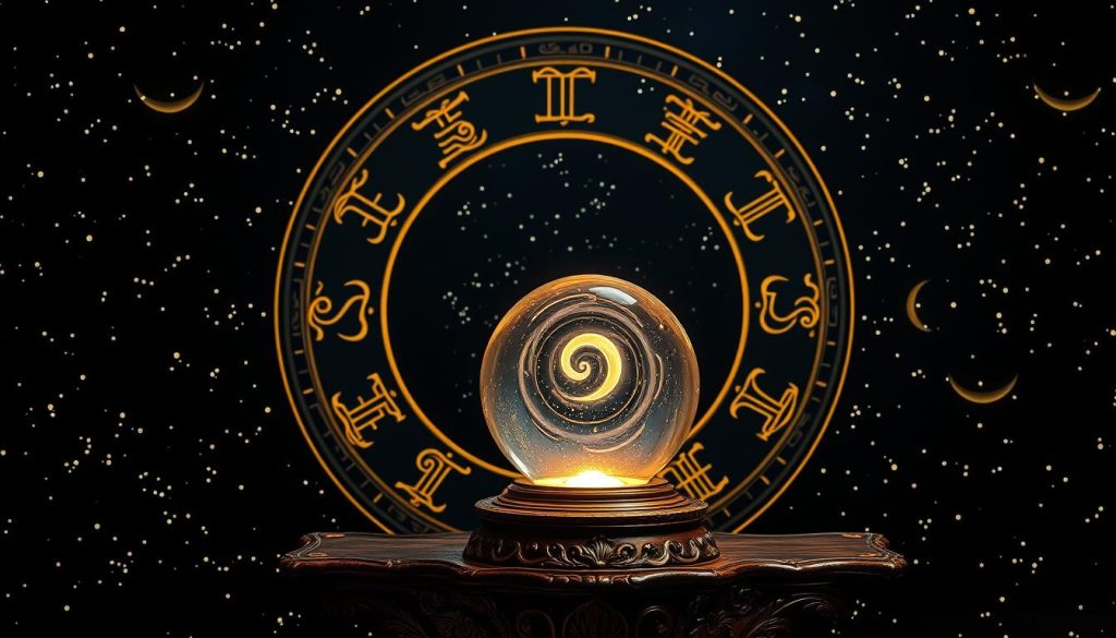 A detailed astrological chart against a starry night sky, with a crescent moon illuminating the scene. In the foreground, an elegant zodiac circle with each sign represented by its iconic symbol, surrounded by glowing celestial patterns. In the middle ground, a crystal ball rests on an ornate wooden table, its inner swirls hinting at the divination of daily horoscopes. The background features a deep, inky blackness punctuated by twinkling stars, creating an atmosphere of mysticism and wonder. Soft, warm lighting emanates from the crystal ball, casting a gentle glow across the scene.