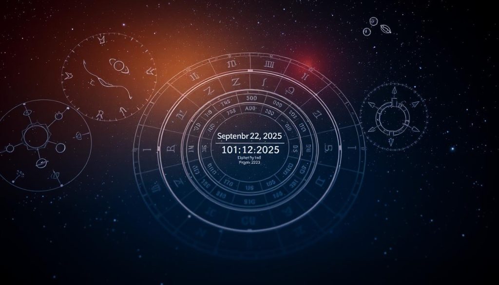 A detailed astrological chart filling the frame, centered against a starry night sky. In the foreground, celestial symbols and glyphs representing the zodiac signs, planets, and phases of the moon. The midground features a circular diagram with concentric rings displaying the date, time, and numerological details for September 22, 2025. Soft, ambient lighting casts a warm glow, evoking a sense of mystery and discovery. The overall composition conveys the essence of quick astrological facts for a specific date, presented in a visually compelling and informative manner.