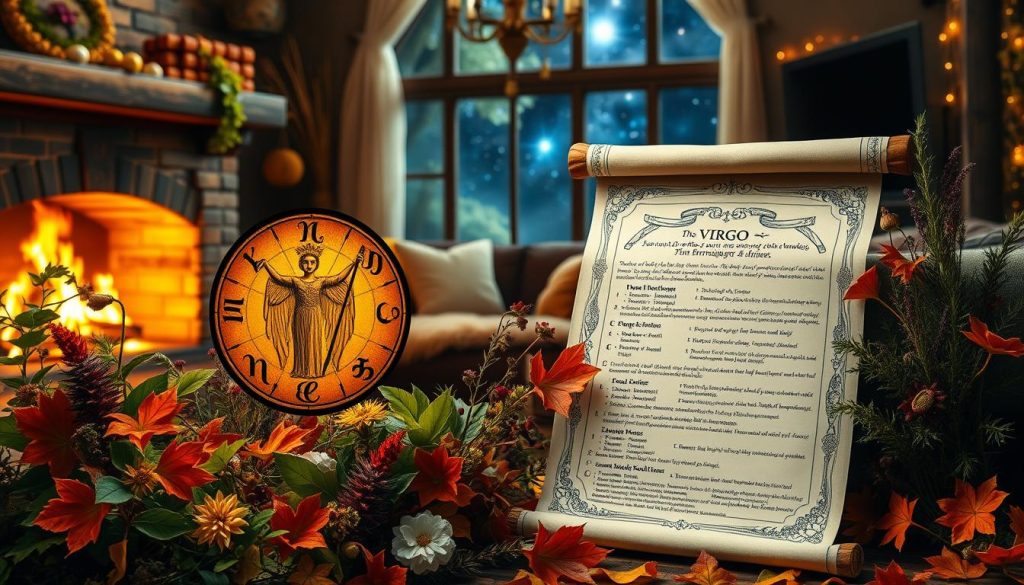A detailed astrological chart for a Virgo's birthday, centered on a lush, autumnal scene. In the foreground, an ornate zodiac symbol glows with a golden light, surrounded by flowers, leaves, and herbs in vibrant hues of green, orange, and red. In the middle ground, a hand-drawn horoscope scroll unfurls, revealing detailed insights into the Virgo's personality, relationships, career, and wellbeing. The background depicts a cozy, rustic setting, with a warm fireplace, plush furnishings, and a starry night sky visible through a window. The lighting is soft and atmospheric, creating a contemplative and mystical mood. The overall composition is balanced and harmonious, inviting the viewer to ponder the deeper mysteries of astrology and personal destiny.