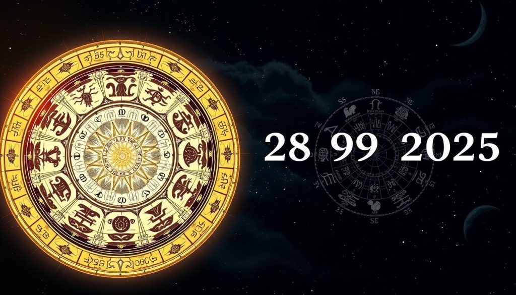 A detailed astrological chart with the date "28.09.2025" prominently displayed. In the foreground, a celestial mandala featuring zodiac symbols and planetary glyphs, illuminated by a warm, ethereal light. In the middle ground, a hand-drawn horoscope wheel with individual signs and their corresponding birth dates. In the background, a deep, starry night sky with wispy clouds, evoking a sense of wonder and cosmic connection. The overall composition should convey a balanced blend of ancient mysticism and modern design, inviting the viewer to contemplate the significance of the given date within the context of astrology and personal identity.