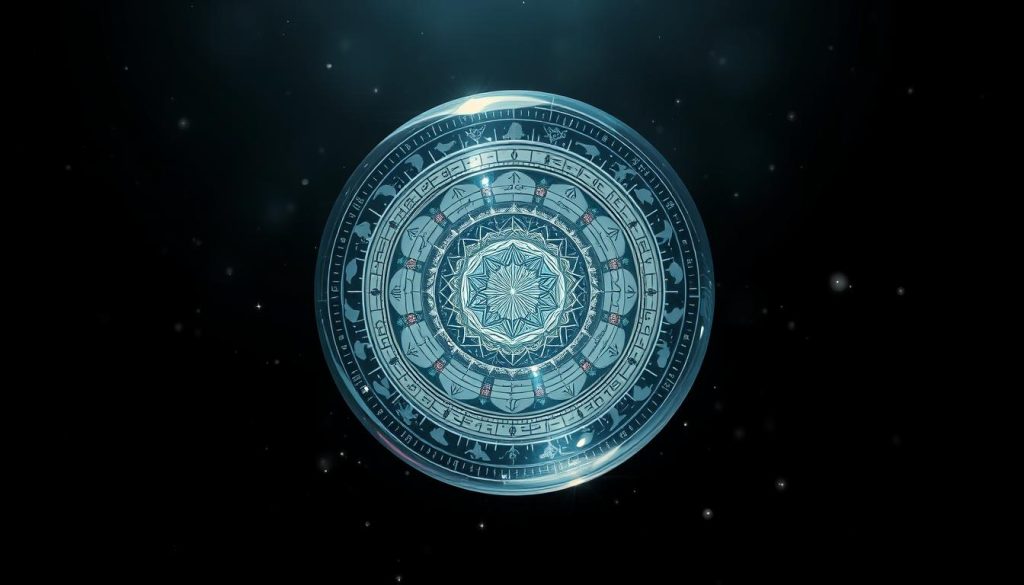 A detailed astrological forecast displayed on a mystical crystal ball, floating above a dark, starry night sky. The crystal ball's surface reflects intricate patterns and symbols related to astrology, zodiac signs, and celestial phenomena. Soft, dramatic lighting casts an ethereal glow, creating an atmosphere of divination and spiritual insight. The composition is balanced, with the crystal ball as the central focal point, surrounded by a sense of depth and mystery in the background.