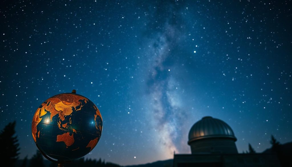 A detailed astrological snapshot on a crisp, starlit night. In the foreground, a celestial globe hovers, its intricate constellations casting a warm glow. The middle ground features an observatory with a large, reflective telescope dome, silhouetted against a swirling, midnight-blue sky. The background is dominated by a stunning display of the Milky Way, its luminous spirals stretching across the heavens. The scene is illuminated by a soft, ambient light, creating a sense of wonder and mysticism. The overall composition conveys the timeless, mysterious nature of astrology and humanity's ongoing fascination with the cosmos.