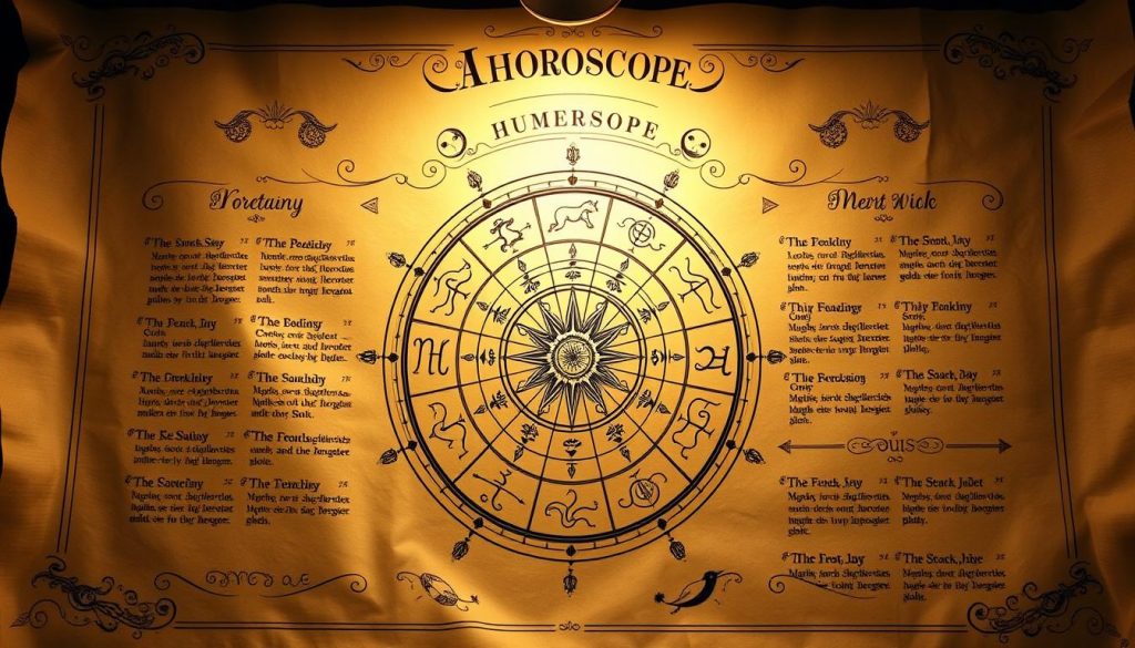 A detailed daily horoscope display with astrological symbols and zodiac signs, rendered in a vintage, ornate style. The foreground features a central wheel with the 12 zodiac symbols arranged around it, with decorative flourishes and celestial elements like stars and moons. The middle ground includes individual horoscope readings for each sign, presented in an elegant, hand-drawn calligraphic style. The background is a softly-lit, textured parchment-like surface, evoking an old-world, mystical atmosphere. Warm lighting from above casts a gentle, ethereal glow over the entire composition.