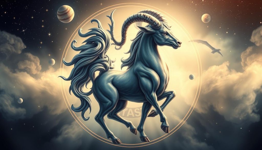 A detailed, high-quality, full-body illustration of a zodiac sign, centered and filling the frame. Crisp, photorealistic rendering with precise anatomical details and dynamic, flowing poses. Soft, directional lighting creates depth and volume, highlighting the intricate textures and patterns. The sign is depicted in a mystical, astrological style, with symbolic elements like stars, planets, and celestial motifs in the background. The overall atmosphere is serene, elegant, and atmospheric, evoking the essence of the zodiac and its cosmic significance.