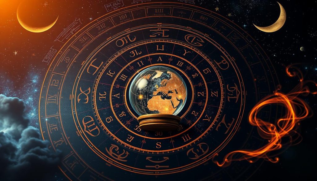 A detailed horoscope chart with zodiac symbols, planetary alignments, and astrological elements. Set against a starry night sky with a crescent moon, the composition features a central crystal ball or astrological globe, surrounded by celestial details like glowing star patterns, nebulae, and swirling cosmic energy. The lighting is dramatic, with warm tones and deep shadows, creating an atmospheric, mystical ambiance. The overall style is a blend of realism and fantasy, with a focus on the symbolic and esoteric qualities of astrology.