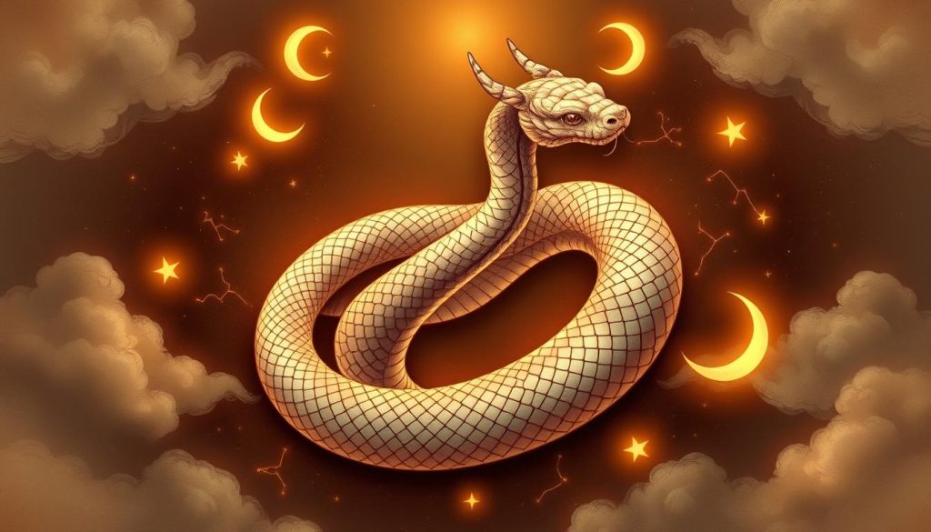 A detailed illustration of the Chinese Zodiac Snake, rendered in a mystical and astrological style. A serpentine figure coils gracefully in the center, its scales shimmering with iridescent hues. Surrounding it are celestial elements - glowing constellations, crescent moons, and wispy clouds - that evoke the cosmic influences associated with this sign. The composition is balanced and harmonious, with a sense of ancient wisdom and tranquility. Soft, diffused lighting casts a warm, contemplative glow, emphasizing the esoteric and spiritual nature of this astrological symbol. The overall aesthetic is one of elegance, symbolism, and a reverence for the natural world.