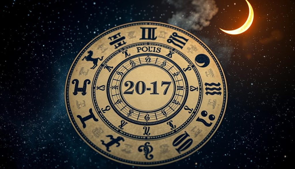 A detailed, meticulously crafted horoscope page set against a starry night sky. In the foreground, a series of astrological symbols representing the zodiac signs, rendered in a vintage, etched style. In the middle ground, a central circular element depicting the current date and the phases of the moon, with soft ambient lighting. In the background, a sweeping starfield, with wispy clouds and a crescent moon casting a ethereal glow. The overall aesthetic is one of mysticism, tradition, and cosmic wonder, capturing the essence of a daily horoscope.