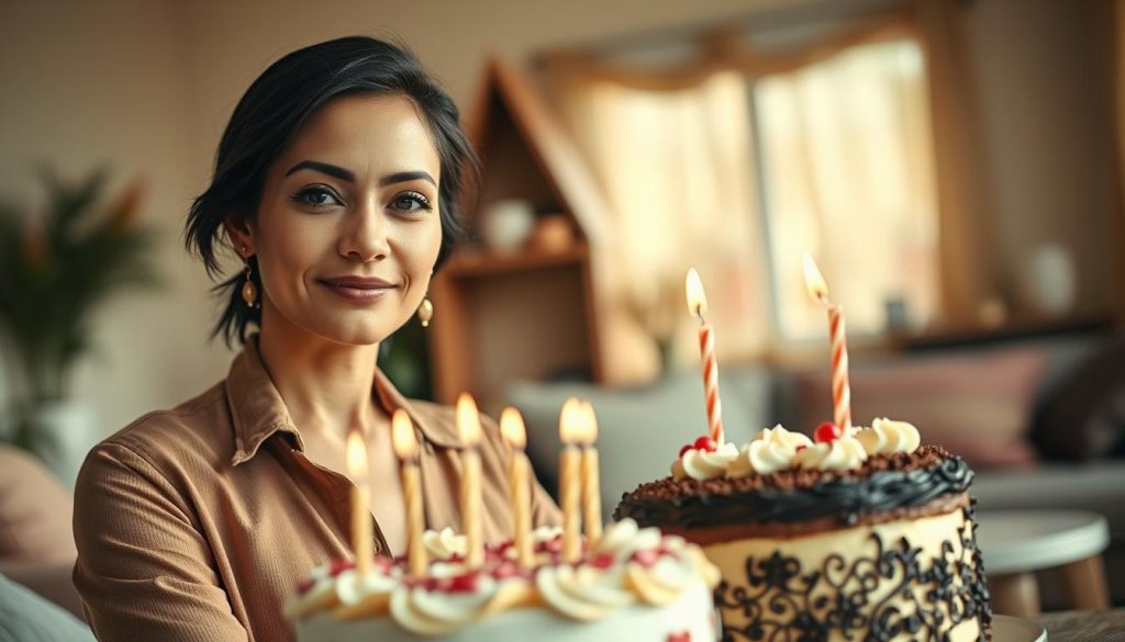 A detailed portrait of a person celebrating their birthday, set against a warm and inviting background. In the foreground, the subject is depicted with a serene expression, wearing a stylish outfit that reflects their unique personality. Their facial features and body language convey a sense of inner contentment and self-assurance. The middle ground features a tastefully decorated birthday cake, complete with candles and a personalized topper. In the background, a softly blurred scene of a cozy living room or outdoor setting, with hints of decorative elements that complement the overall mood. The lighting is natural and flattering, enhancing the subject's features and creating a sense of depth and dimension. The overall composition and color palette evoke a sense of celebration, introspection, and the essence of a person born on this particular day.