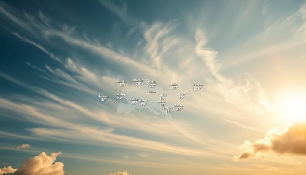 A detailed weather forecast map set against a serene sky, with sun rays peeking through wispy clouds. The map showcases various regions and temperature readings, presented with a clean, minimalist design. The overall scene conveys a sense of anticipation and preparation, as if guiding the viewer through the day's expected weather patterns. Soft, warm lighting illuminates the map, creating a welcoming and informative atmosphere. The composition is balanced, with the map taking center stage and the sky providing a calming backdrop, inviting the viewer to plan their day accordingly.