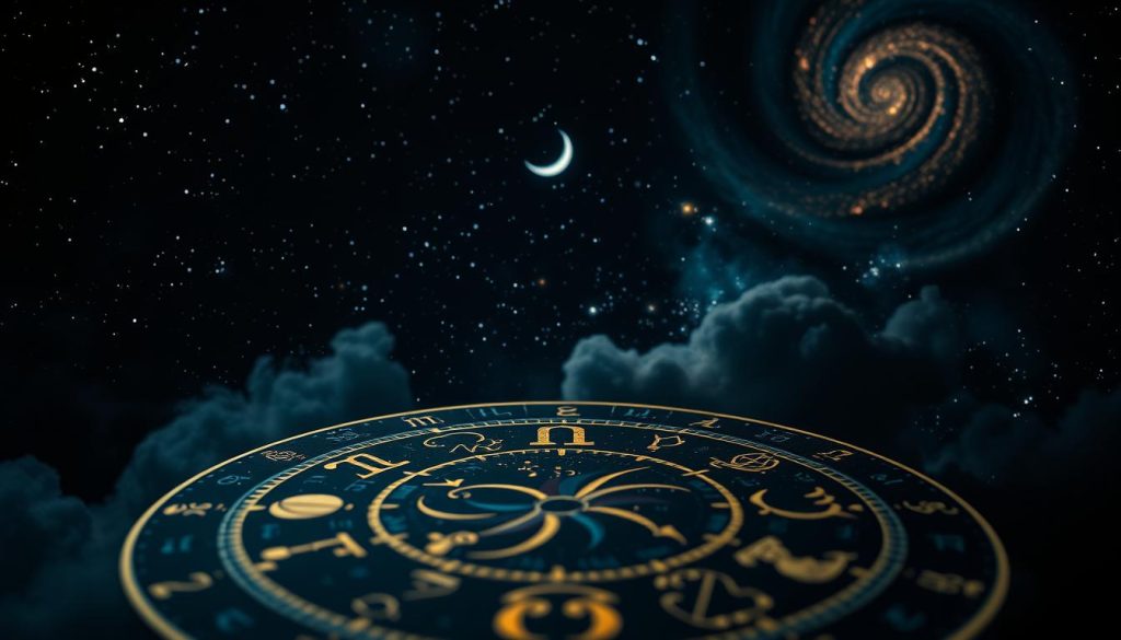 A detailed zodiac astrology snapshot on a dark starry night sky. In the foreground, a vibrant astrological chart takes center stage, with zodiac signs and planetary symbols elegantly arranged. The middle ground features a crescent moon and twinkling stars, casting a soft, mystical glow. In the background, swirling cosmic clouds and distant galaxies create a captivating, otherworldly atmosphere. The lighting is dramatic, with deep shadows and vivid highlights emphasizing the astrological elements. The overall composition conveys a sense of ancient wisdom, mysticism, and the interconnectedness of the celestial realm.