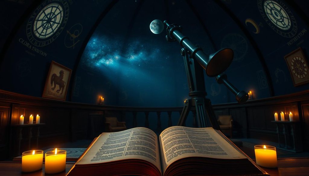 A dimly lit astrology observatory, with a massive telescope reaching toward the night sky. Astrological symbols and celestial motifs adorn the walls, casting a mystical glow. In the foreground, an old leather-bound book lies open, its pages illuminated by the soft light of candles. The atmosphere is one of contemplation and wonder, inviting the viewer to explore the mysteries of the cosmos on this significant day in history.