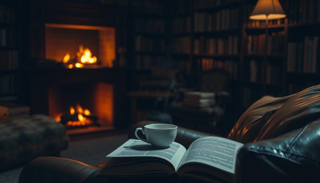A dimly lit room, the warm glow of a crackling fireplace casting a cozy ambiance. In the foreground, a leather armchair with plush cushions invites the viewer to sink in and get lost in the pages of a well-worn book. The middle ground features a side table with a delicate porcelain teacup, steam gently wafting upwards. In the background, bookshelves line the walls, their volumes casting intriguing shadows. The lighting is soft and atmospheric, creating a sense of contemplation and introspection. This scene evokes the tranquil pleasure of an intimate, personal reading experience.