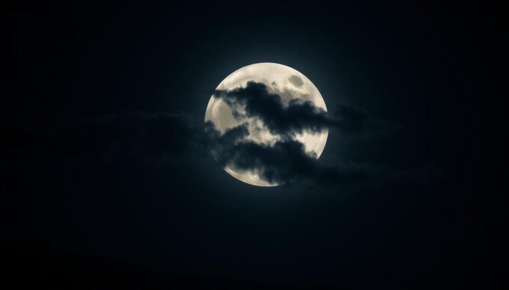 A dramatic, high-contrast full moon suspended in a night sky, with clouds drifting gracefully across its luminous surface. The moon casts a soft, ethereal glow, illuminating the landscape below with an almost magical quality. Hints of a distant horizon are visible, suggesting the presence of a rolling landscape or silhouetted trees. The composition is centered on the moon, with a sense of depth and atmosphere created through the interplay of light and shadow. The overall mood is one of tranquility, wonder, and the timeless, cyclical nature of the celestial bodies.