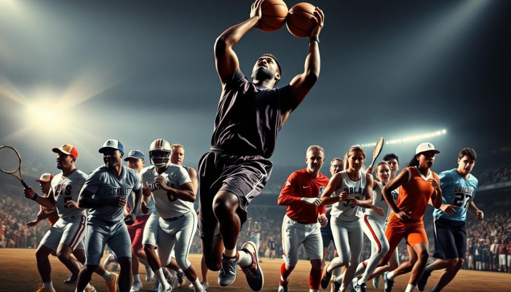 A dynamic group portrait showcasing a diverse array of celebrated athletes in their prime. In the foreground, a basketball player soars mid-dunk, their powerful physique and intense expression captured in dramatic chiaroscuro lighting. Surrounding them, a middle ground filled with other sports standouts - a baseball player rounding the bases, a football player sprinting downfield, a tennis player serving with precision. In the background, a softly blurred stadium or arena setting, conveying the thrill and energy of championship-level competition. The lighting is cinematic, with dramatic shadows and highlights emphasizing the athletes' athletic prowess and competitive spirit. The overall mood is one of athletic excellence, triumph, and the sheer excitement of elite-level sports.