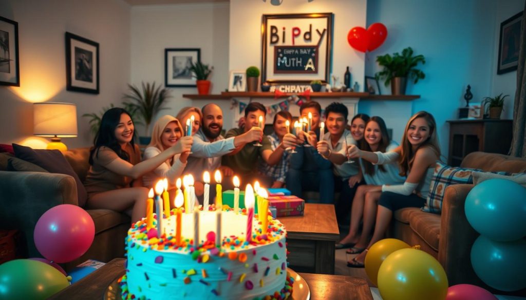 A festive birthday celebration in a cozy living room, bathed in warm, soft lighting. In the foreground, a beautifully decorated birthday cake with candles ablaze, surrounded by colorful balloons and gift boxes. In the middle ground, a group of smiling friends and family gathered around a wooden table, raising their glasses in a toast. The background features tasteful decor elements like framed wall art, potted plants, and a fireplace mantel adorned with birthday memorabilia. The overall scene exudes a sense of joy, togetherness, and the special occasion of a birthday.