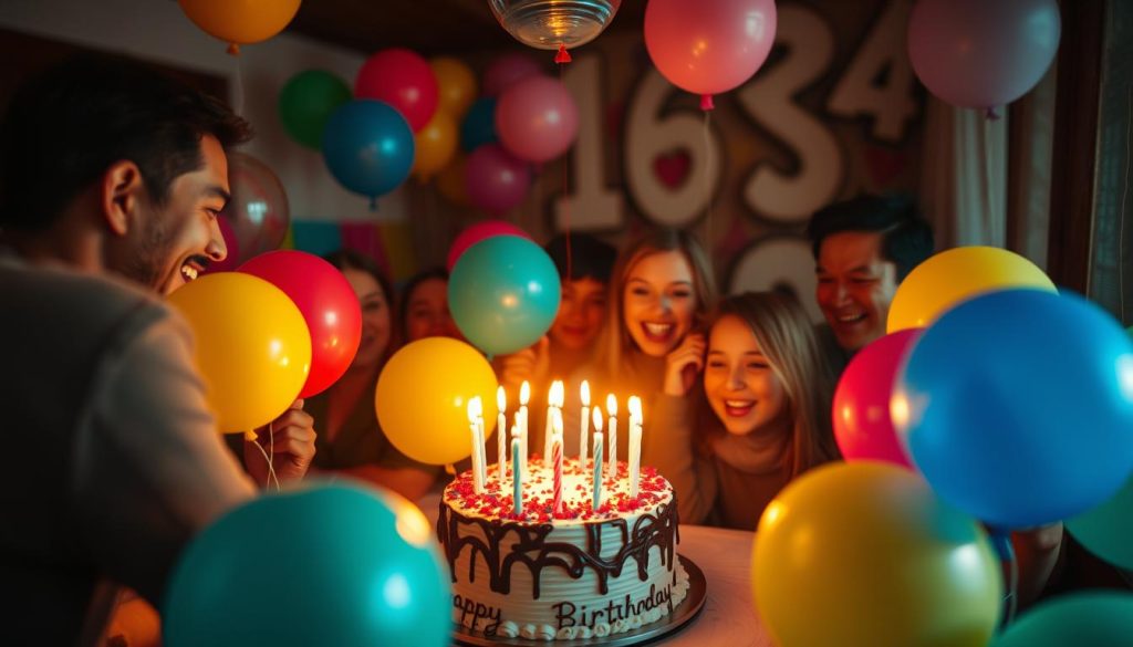 A festive birthday scene with colorful balloons, a birthday cake with lit candles, and a cheerful group of people celebrating. The lighting is warm and inviting, with soft, diffused light creating a cozy atmosphere. The camera angle is slightly elevated, capturing the scene from above to showcase the spread of birthday decor and activities. The overall mood is one of joy, laughter, and celebration, reflecting the special occasion of a birthday on this particular day in history.