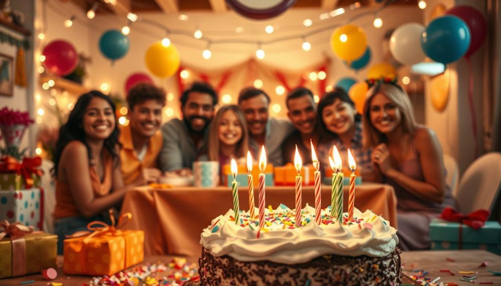 A festively decorated birthday scene with a whimsical, celebratory atmosphere. In the foreground, a beautifully frosted birthday cake with lit candles, surrounded by vibrant, wrapped gifts and confetti. The middle ground features a group of smiling, diverse friends and family gathered around the table, creating a sense of joyous togetherness. The background showcases a cozy, warm-toned interior with string lights, balloons, and other birthday decorations, evoking a cozy, inviting ambiance. The lighting is soft and natural, creating a gentle, welcoming glow. The overall composition and color palette convey a sense of excitement, anticipation, and the special occasion of a birthday celebration.