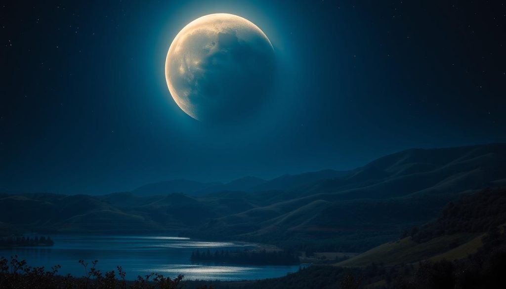 A full moon casting a ethereal glow over a serene landscape, as a dark shadow slowly creeps across its surface, signifying a dramatic lunar eclipse. The foreground features a detailed rendering of the moon's craters and topography, bathed in a soft, warm light. The middle ground depicts a picturesque countryside, with rolling hills, lush vegetation, and a tranquil lake reflecting the celestial event. The background fades into a deep, indigo sky, dotted with twinkling stars that heighten the mystical atmosphere. The scene conveys a sense of wonder and cosmic awe, perfectly encapsulating the significance of this celestial phenomenon.