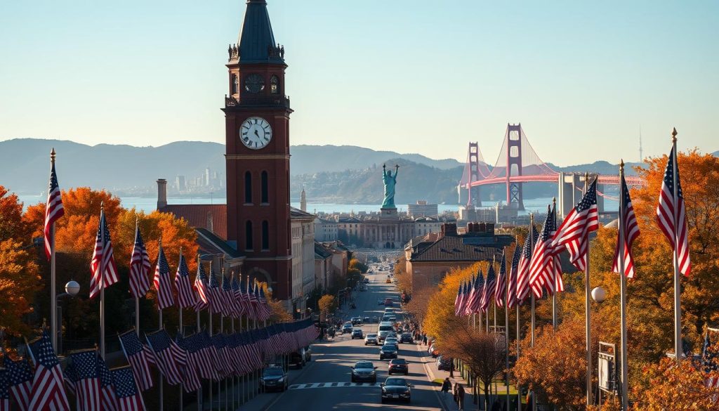A grand clock tower stands tall in the center, casting a warm glow against a clear autumn sky. The foreground is dotted with rows of American flags, fluttering gently in the breeze. In the middle ground, a bustling city street comes to life, with vintage cars and pedestrians going about their day. The background features a panoramic view of the United States, with iconic landmarks like the Statue of Liberty and the Golden Gate Bridge, all bathed in a soft, nostalgic light. The scene conveys a sense of timeless Americana, capturing the essence of an important day in the nation's history.