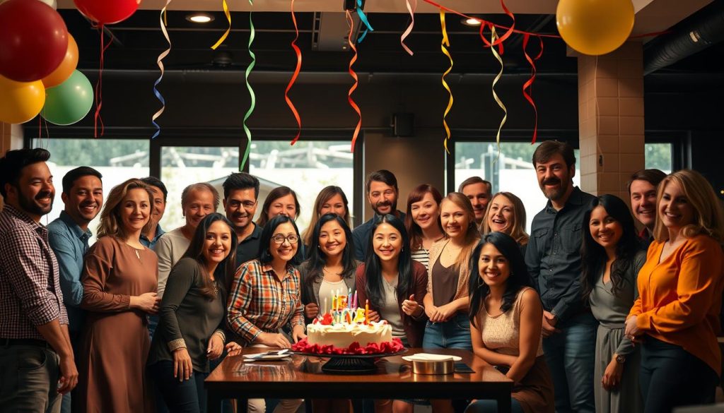 A group of people standing together, celebrating their September birthdays. In the foreground, a diverse array of individuals gathered around a table, smiling and enjoying a festive atmosphere. Colorful balloons, streamers, and a birthday cake set the celebratory mood. In the middle ground, a warm, soft lighting illuminates the scene, casting a cozy glow. The background features a stylish interior, with large windows that allow natural light to filter in, creating a sense of openness and warmth. The overall atmosphere is one of joy, camaraderie, and a shared appreciation for the significance of their birth month.