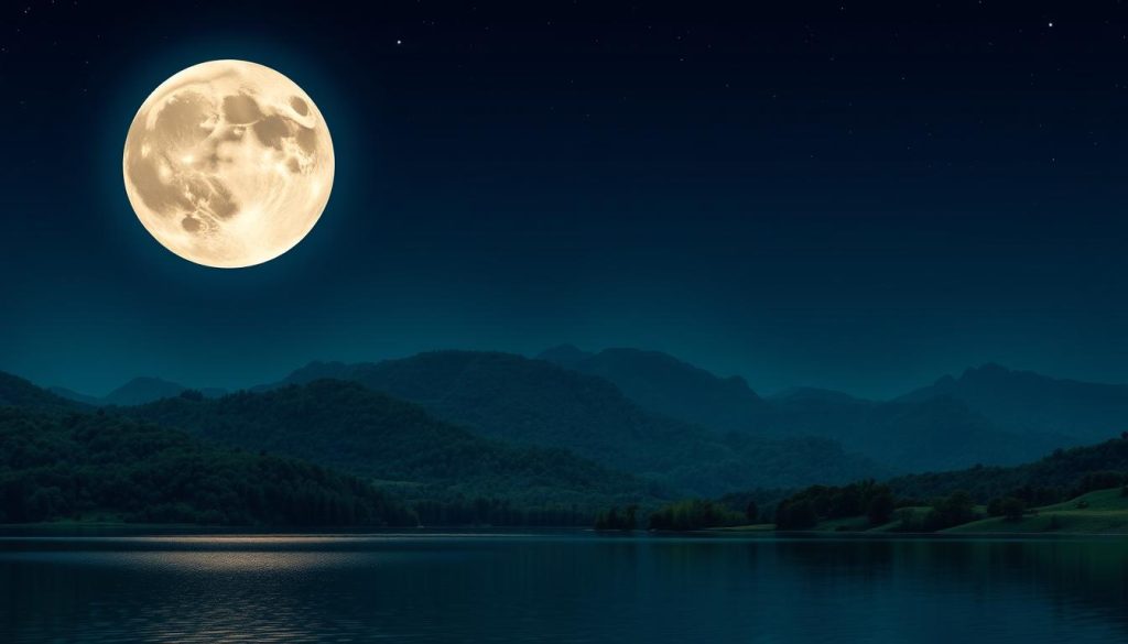 A large, luminous full moon hangs in a deep indigo sky, casting a soft, ethereal glow over a serene landscape. In the foreground, a tranquil lake reflects the moon's shimmering light, creating a mesmerizing mirror effect. The middle ground features rolling hills blanketed in lush, verdant foliage, while the background is dominated by a range of majestic mountains, their silhouettes standing tall against the starry backdrop. The scene exudes a sense of peaceful solitude, with the moon's powerful presence commanding the viewer's attention and evoking a calming, introspective mood. A wide-angle lens captures this breathtaking celestial event in all its natural splendor, showcasing the full moon's serene beauty and the harmonious relationship between the sky and the earth.