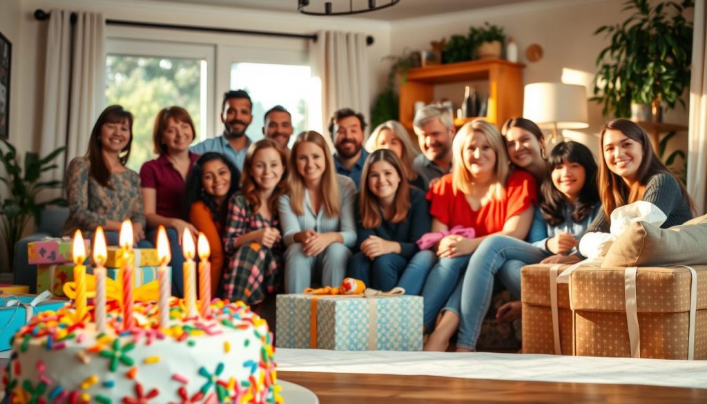 A lively birthday celebration scene on a warm September day. In the foreground, a vibrant birthday cake with lit candles, surrounded by an array of colorful gifts. In the middle ground, a group of diverse, smiling friends and family gathered to honor the occasion, dressed in festive attire. The background features a cozy, sun-dappled living room setting, with warm lighting and tasteful decorations that evoke a sense of joy and togetherness. The overall composition captures the spirit of a meaningful, heartfelt birthday celebration.