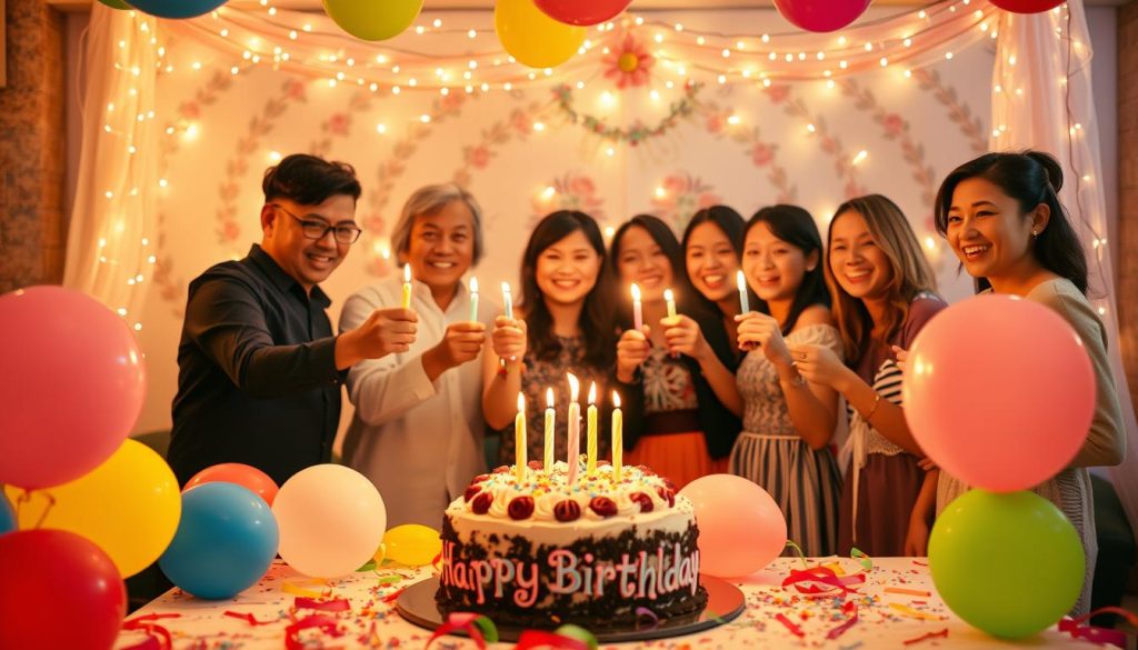 A lively birthday celebration set against a festive backdrop. In the foreground, a table laden with a decadent birthday cake, surrounded by colorful balloons and streamers. Warm, soft lighting casts a cozy glow, creating a sense of joy and anticipation. In the middle ground, friends and family gather, their expressions alight with smiles and laughter as they toast the honored guest. The background features a elegant, yet whimsical scene, with strings of twinkling lights and a subtle floral pattern adorning the walls. The overall atmosphere is one of warmth, togetherness, and the excitement of marking another year.