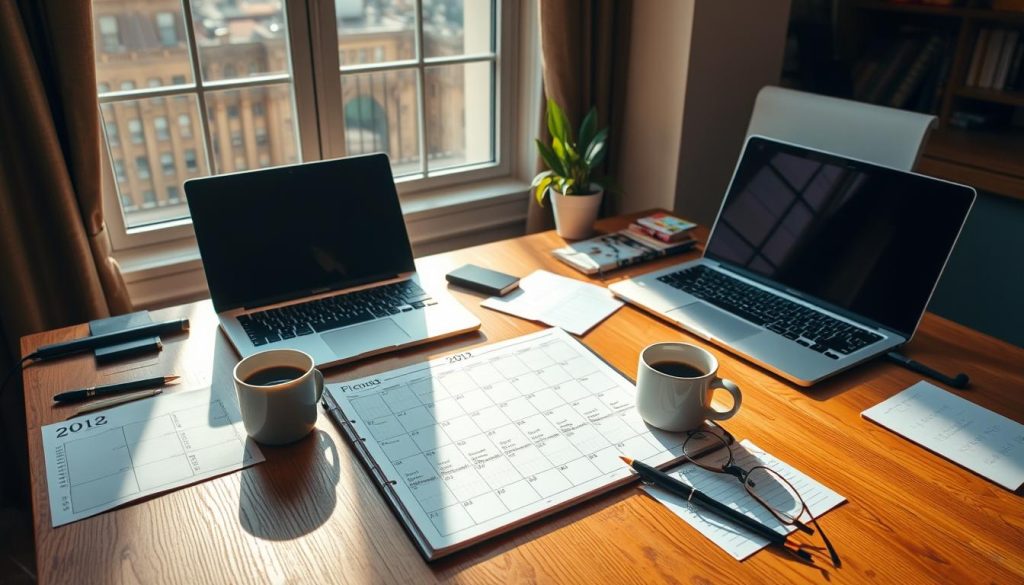 A meticulously planned life, with an intricate calendar covering the year ahead. A desk setup in a cozy home office, featuring a wooden surface, a sleek laptop, and an array of stationery. Sunlight streams in through a large window, casting a warm glow over the scene. A stylish planner, a cup of coffee, and a pair of reading glasses sit within easy reach, conveying a sense of focus and organization. Neatly arranged notes and to-do lists hint at a well-structured approach to time management and goal-setting. The overall atmosphere is one of calm, deliberation, and a proactive mindset for the year ahead.