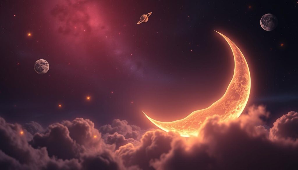 A mystical and ethereal scene of an astrological moon, bathed in a soft, warm glow. In the foreground, the crescent moon floats amidst swirling clouds and celestial patterns, its surface textured with intricate lunar craters. The middle ground is filled with glowing planetary orbs and shimmering stars, creating a sense of depth and cosmic wonder. The background is a rich, indigo-hued sky, punctuated by the hazy silhouettes of distant galaxies. The lighting is atmospheric and dramatic, with subtle highlights and shadows that accentuate the lunar and celestial details. The overall mood is one of enchantment, mysticism, and the timeless allure of astrology.