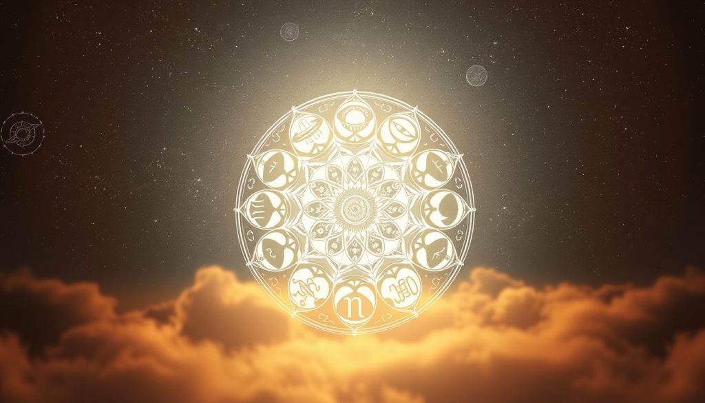 A mystical aura bathes a serene celestial landscape, where the symbols of the zodiac signs float in a soft, ethereal glow. In the foreground, an intricate mandala-like pattern of interlocking astrology icons - stars, planets, and celestial bodies - takes center stage, casting a mesmerizing spell. The middle ground features delicate, hand-drawn illustrations of the 12 zodiac symbols, each radiating a distinct energy. In the background, a starry night sky stretches out, dotted with wispy clouds and the faint silhouettes of distant galaxies. The lighting is warm and atmospheric, creating a sense of timelessness and contemplation, perfect for illustrating the significance of birthdays, numerology, and celestial time markers.
