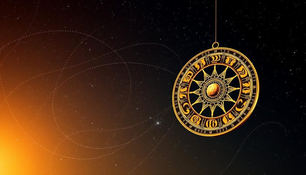 A mystical horoscope wheel floats against a starry night sky, illuminated by a warm, golden light. In the foreground, zodiac symbols and astrological icons are delicately rendered in intricate detail, their elegant lines and curves evoking a sense of ancient wisdom. The middle ground features a crescent moon and sparkling celestial orbs, while the background is a deep, inky expanse dotted with twinkling stars. The overall composition is balanced and serene, conveying a timeless, otherworldly atmosphere perfect for illustrating predictions and forecasts for September 16, 2025.