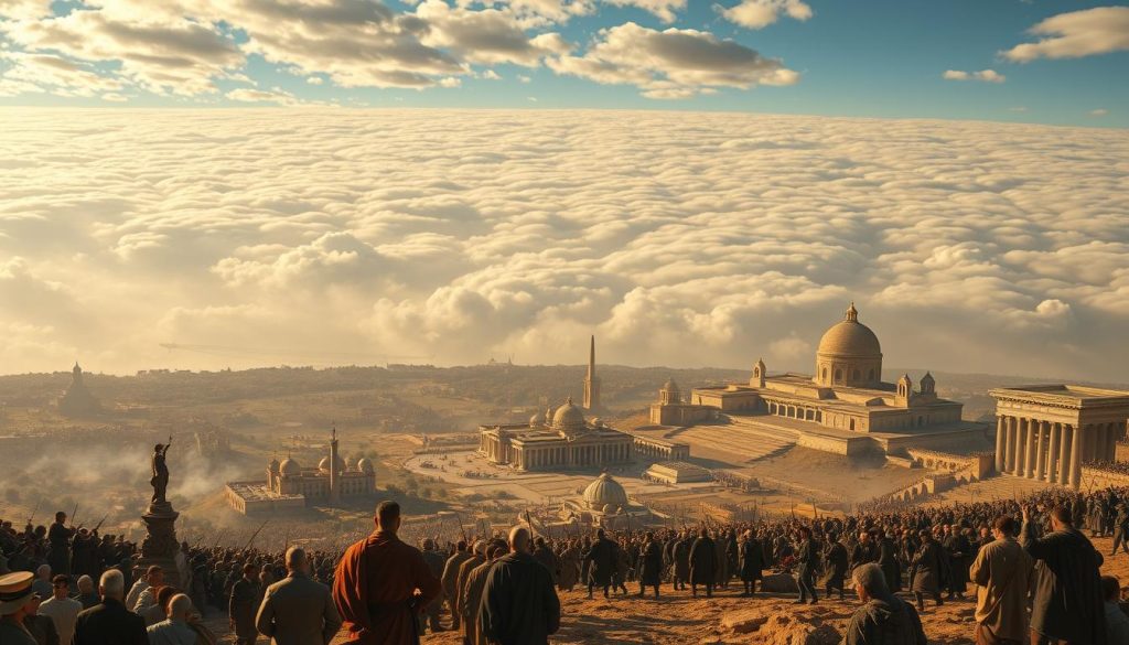 A panoramic scene of historical events unfolding across a dramatic landscape. In the foreground, figures from diverse eras engage in pivotal moments - a leader addressing a crowd, scholars poring over ancient texts, soldiers clashing in epic battles. The middle ground is dotted with iconic landmarks and monuments, their architecture and design reflecting the evolution of human civilization. In the distant background, a shifting tapestry of clouds casts ever-changing patterns of light and shadow, evoking the passage of time. The mood is one of reverence and wonder, as if the viewer is transported through the annals of history to witness these momentous occasions firsthand. Rendered with a cinematic wide-angle lens and warm, golden lighting to heighten the sense of timelessness.