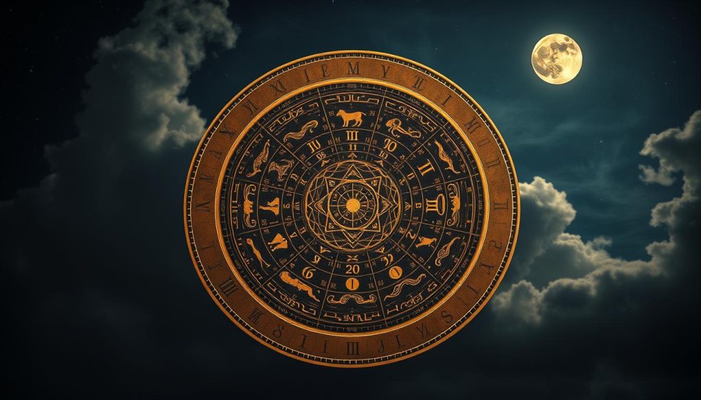 A richly detailed astrological chart, rendered in a classic, vintage-inspired style. In the foreground, the 12 zodiac symbols are elegantly arranged in a circular formation, each subtly illuminated by a soft, warm glow. The middle ground features a detailed celestial map, with swirling galaxies, twinkling stars, and the phases of the moon depicted in intricate detail. In the background, a velvety night sky provides a moody, atmospheric backdrop, with wispy clouds and beams of moonlight casting an otherworldly, mystical ambiance. The overall composition conveys a sense of timeless, esoteric knowledge, perfect for illustrating a horoscope forecast.