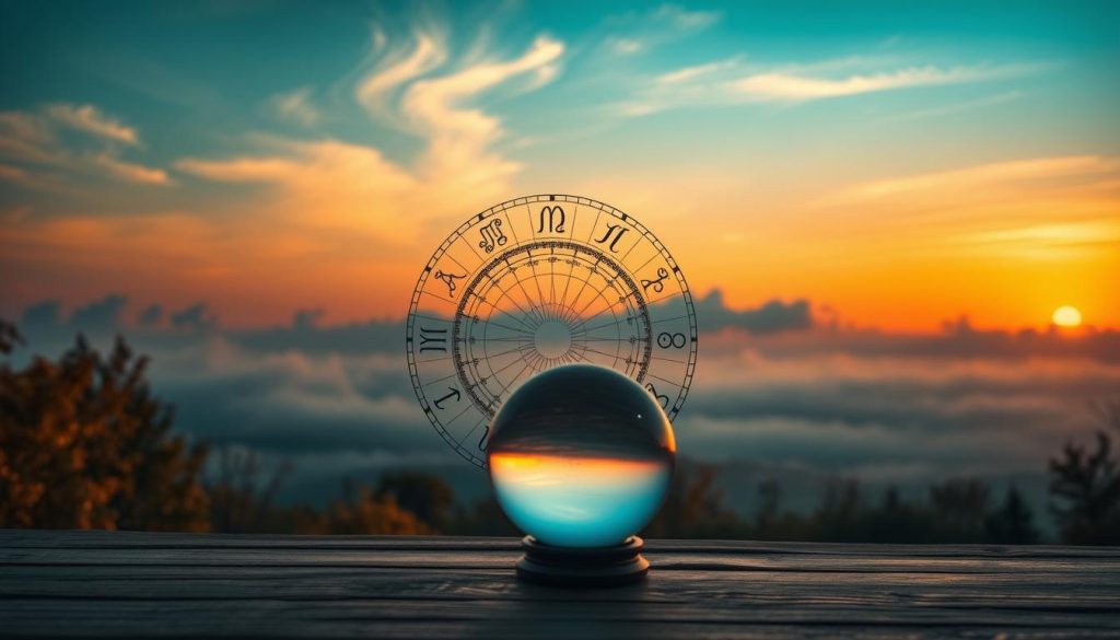 A serene and atmospheric daily horoscope scene, set against a warm and hazy autumn sky. In the foreground, a detailed zodiac wheel takes center stage, the intricate symbols and patterns illuminated by soft, diffuse lighting. In the middle ground, a crystal ball rests on a wooden table, its surface reflecting the celestial patterns above. In the background, wispy clouds drift across a deep blue horizon, with the rising sun casting a golden glow over the entire scene. The overall mood is one of mysticism, divination, and the eternal cycle of the seasons.