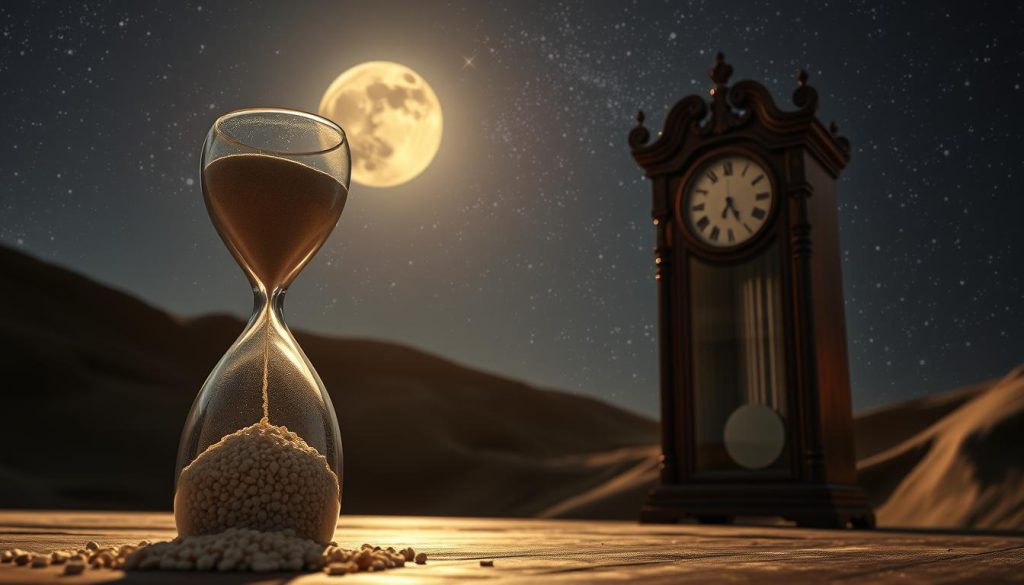 A serene and contemplative scene depicting the essence of time. In the foreground, a large hourglass stands as a symbolic representation, its grains of sand flowing steadily downward. The middle ground features a ornately carved grandfather clock, its pendulum swinging with a steady rhythm that echoes the passage of time. In the background, a starry night sky with a full moon casts a ethereal glow, suggesting the cyclic, eternal nature of time. The overall atmosphere is one of tranquility and mindfulness, inviting the viewer to pause and reflect on the temporal flow of life.