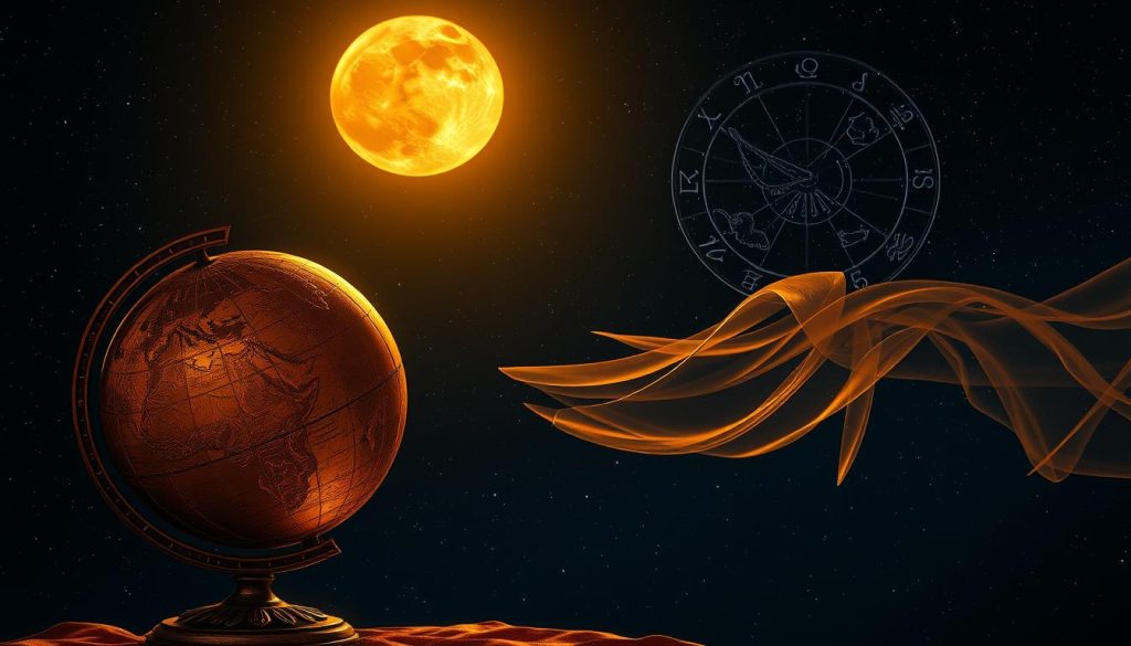 A serene astrological scene under the warm glow of a harvest moon. In the foreground, an ornate celestial globe spins, its intricate etched patterns casting subtle shadows. Surrounding it, various symbols of the zodiac - an eagle, a scales, a ram - arranged in a harmonious circular formation. In the middle ground, a flowing celestial veil cascades down, revealing glimpses of distant galaxies and nebulae. The background is a deep, inky night sky, dotted with twinkling stars that cast a dreamlike, magical atmosphere. Soft, diffused lighting illuminates the scene, creating a sense of wonder and mystery.