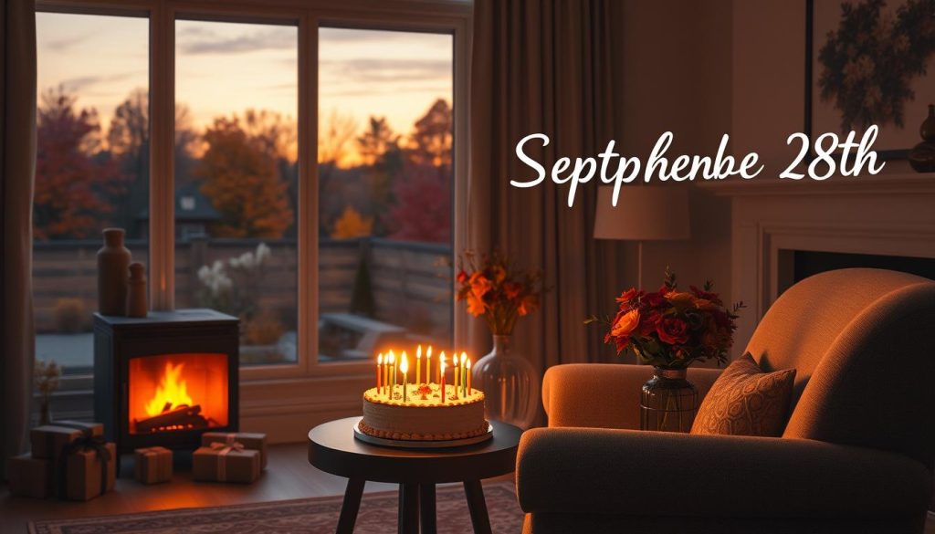 A serene, autumnal scene of a person's birthday on September 28th. In the foreground, a cozy living room with a large armchair and a fireplace flickering softly. On a side table, a birthday cake with candles glowing, surrounded by wrapped gifts and a vase of vibrant fall flowers. The middle ground features a window overlooking a garden, trees ablaze with oranges and reds. The background showcases a dusky, golden-hued sky, hinting at the passing of another year. Soft, warm lighting casts a tranquil, nostalgic mood, inviting the viewer to imagine the celebrations and memories associated with this special day.
