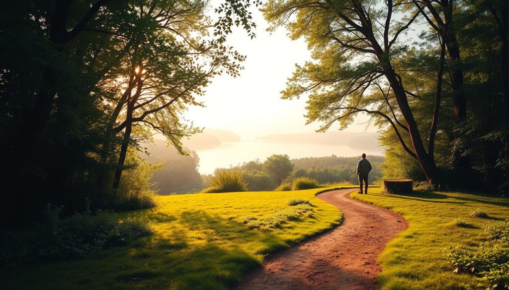 A serene landscape depicting the concept of "life path 9". In the foreground, a winding path leads through a lush, verdant forest, symbolizing the journey of personal growth and spiritual enlightenment. Warm, diffused lighting filters through the canopy, creating a peaceful, contemplative atmosphere. In the middle ground, a tranquil lake reflects the surrounding foliage, mirroring the inner balance and harmony. On the far shore, a lone figure stands gazing outward, representing the individual's connection to the divine and the search for deeper meaning. The overall composition conveys a sense of introspection, clarity, and the embracing of one's higher purpose.