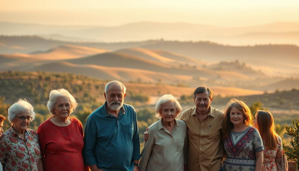 A serene landscape stretching across generations, a visual tapestry of time's passage. In the foreground, a group of diverse individuals representing different age groups, from the elder Baby Boomers to the younger Millennials, gathered together, their expressions reflecting the changing societal and cultural dynamics. In the middle ground, a rolling vista of rolling hills, lush vegetation, and a warm golden-hour glow, symbolizing the shared experiences and milestones that connect us across the generations. In the distance, a hazy horizon line, suggesting the unknown futures that await, a subtle nod to the ever-evolving nature of generational transitions. Soft, diffused lighting casts a contemplative mood, inviting the viewer to ponder the richness and complexity of our generational tapestry.