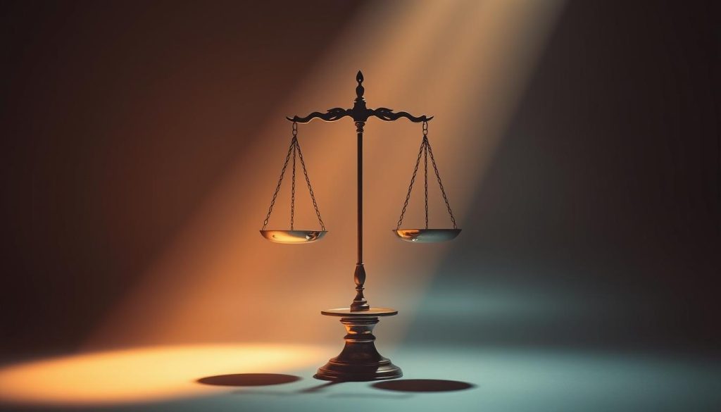 A serene Libra balance, poised in a dramatic, high-contrast studio setting. The iconic scales float in a beam of soft, warm light, casting long, dramatic shadows. The background is a moody, ethereal gradient, hinting at the introspective, harmonious qualities of the Libra zodiac sign. The balance is precisely calibrated, the scales in perfect equilibrium, symbolizing the Libra's innate sense of justice and desire for balance. The overall scene evokes a sense of contemplation, inviting the viewer to reflect on the themes of fairness, diplomacy, and the search for inner peace.