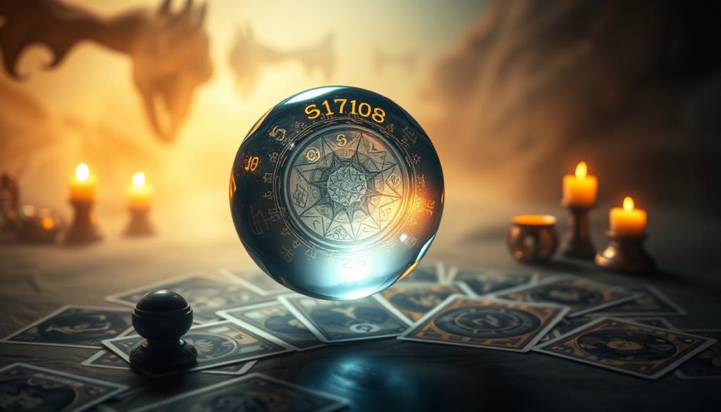 A serene, mystical scene depicting the power and significance of numerology. In the foreground, a glowing crystal ball floats, its facets reflecting the arcane symbols and numerological patterns that swirl within. The middle ground features a spread of tarot cards, their intricate designs hinting at the hidden meanings and insights buried in the numbers. The background is shrouded in a soft, atmospheric mist, creating a sense of mystery and the unknown. Warm, golden lighting bathes the scene, imbuing it with a sense of wisdom and ancient knowledge. The overall composition conveys the idea that the date, when viewed through the lens of numerology, holds profound significance and can reveal deeper truths about one's life and destiny.
